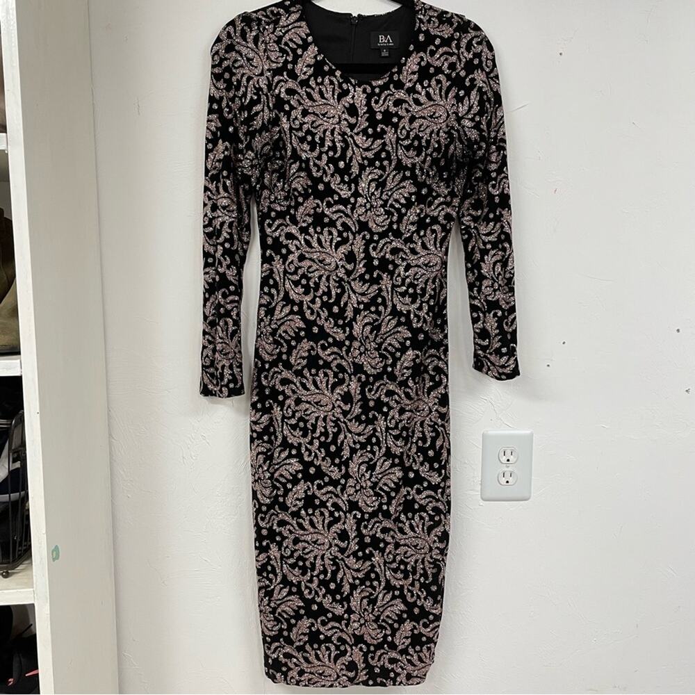 Betsy & Adam Black Pink Glitter Paisley Print Long Sleeve Bodycon Dress 8 Mini